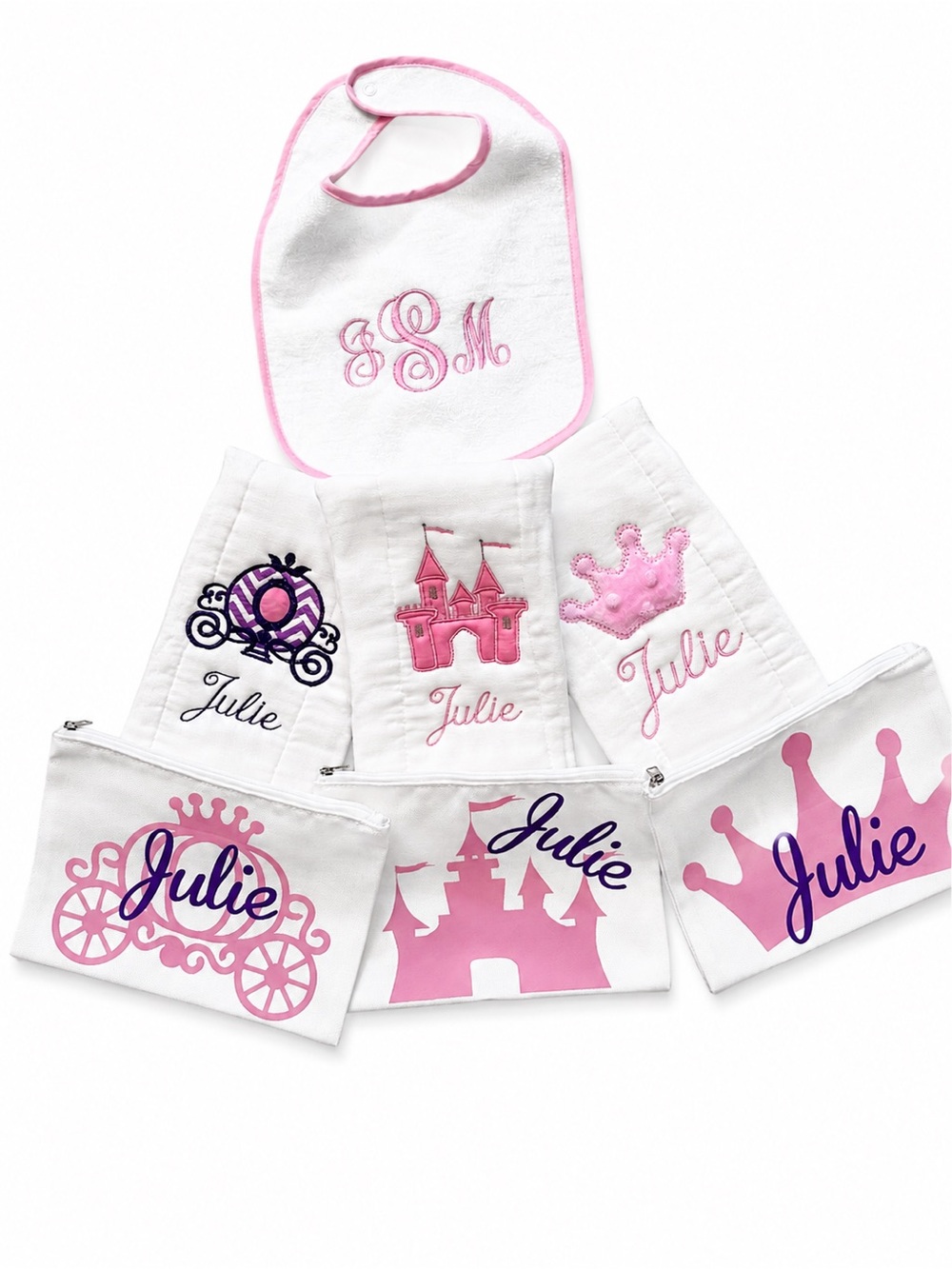 Personalized Pink & purple Princess Baby Gift Set Bib & Burp Cloths